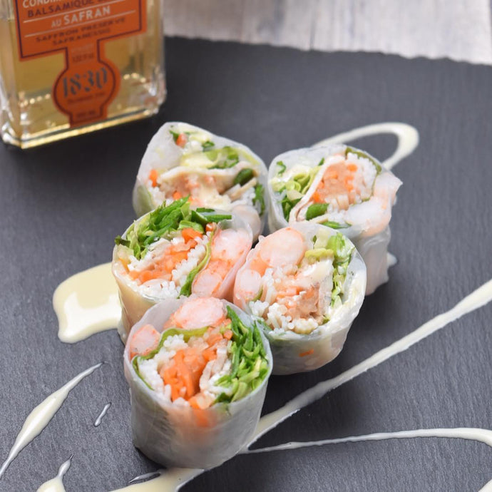 サフランバルサミコのマヨソースと海老生春巻き