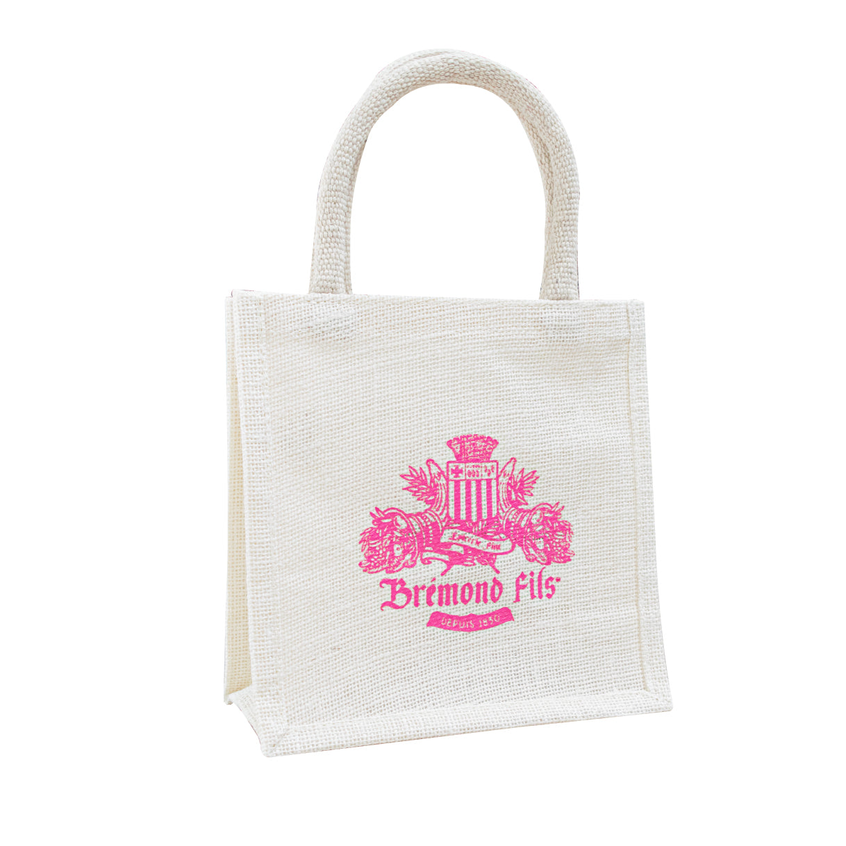 紋章入りミニジュートバッグ（ホワイト×ピンク・S） | Maison Bremond 1830